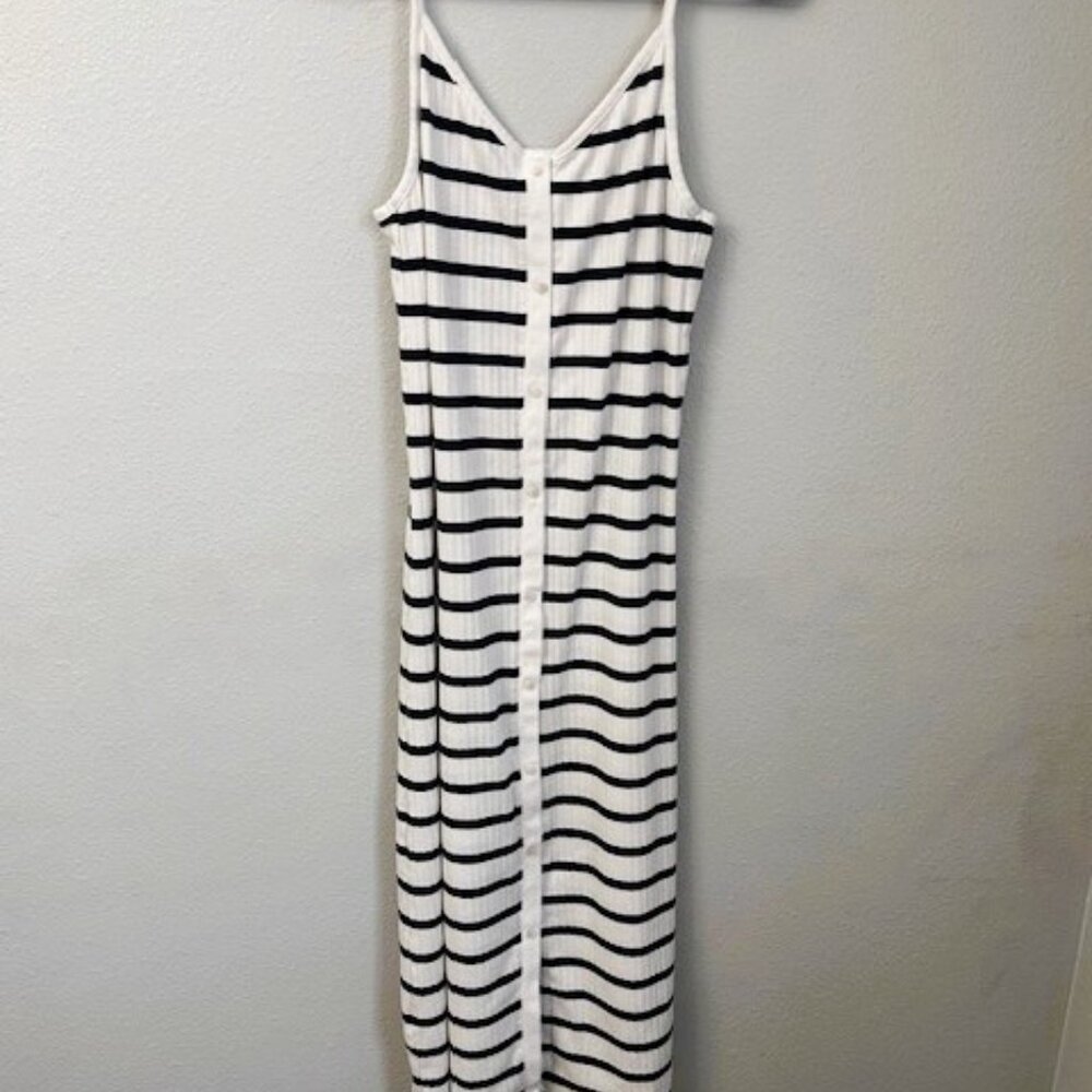 Aerie Ribbed Navy & White Striped Button Front Midi Dress Camisole Straps Size L - Picture 2 of 13
